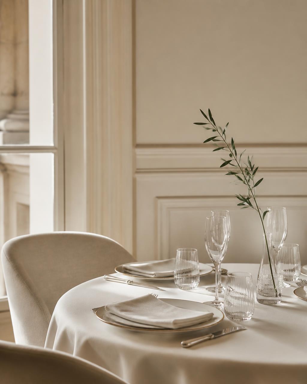 Refined fine-dining table setting in a calm ivory room