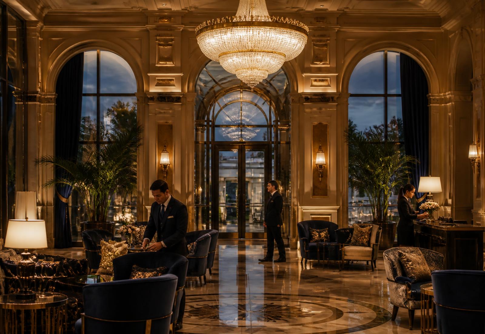 Profesionales de hospitalidad recibiendo huéspedes en el lobby de un hotel de lujo