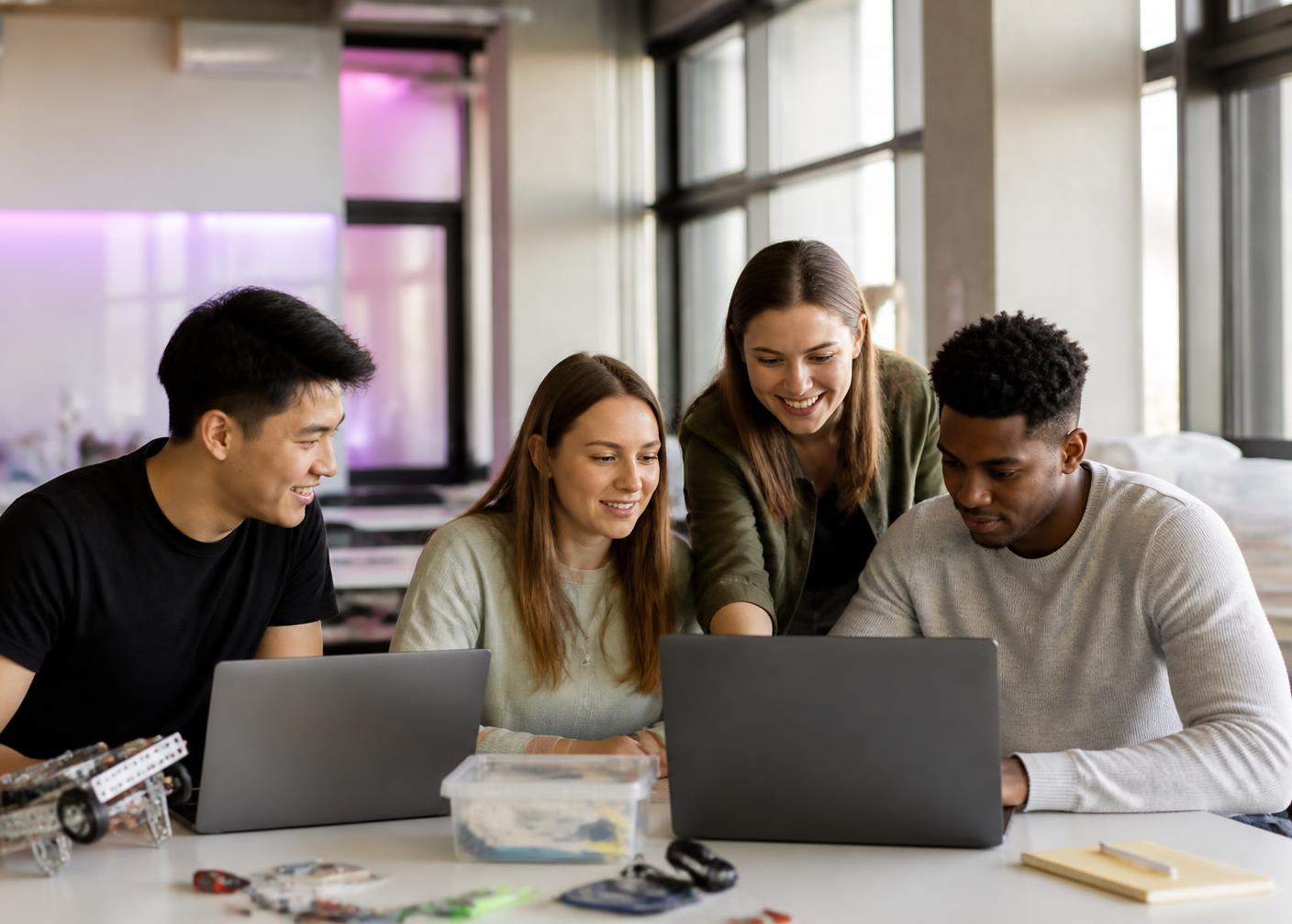 Estudiantes internacionales trabajando juntos en un laboratorio universitario